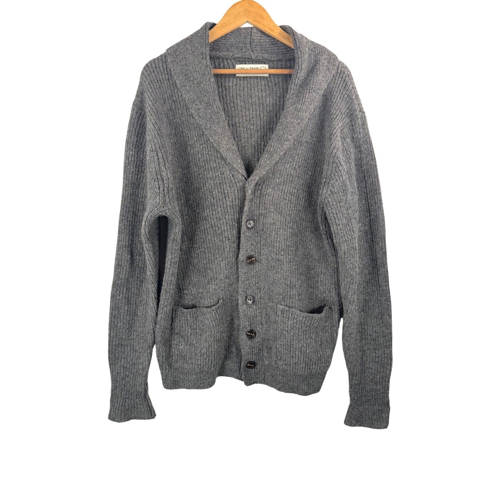 Line of Trade Cardigan sz M Grey Shetland Wool Shawl Collar Ribbed Knit Sweater